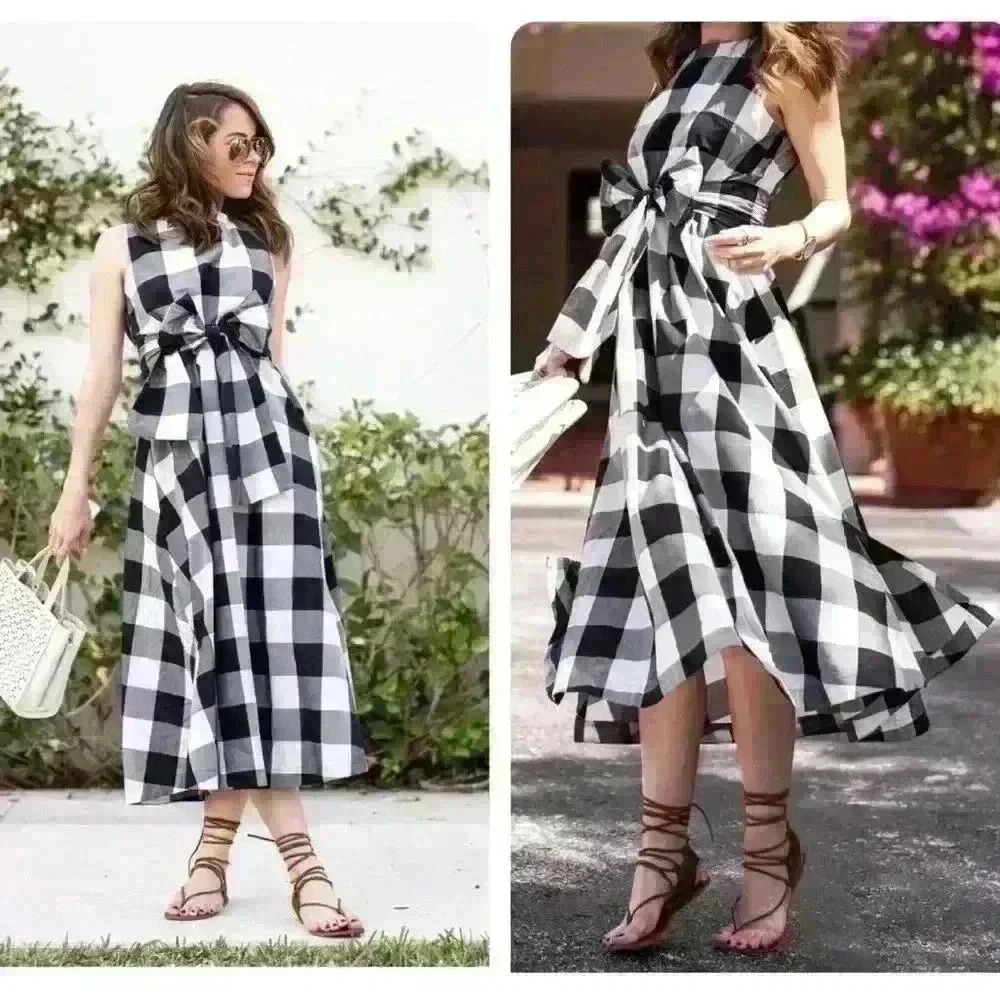 Ann Taylor Cotton Black White Gingham Midi Dress Plaid Sleeveless size MPetite